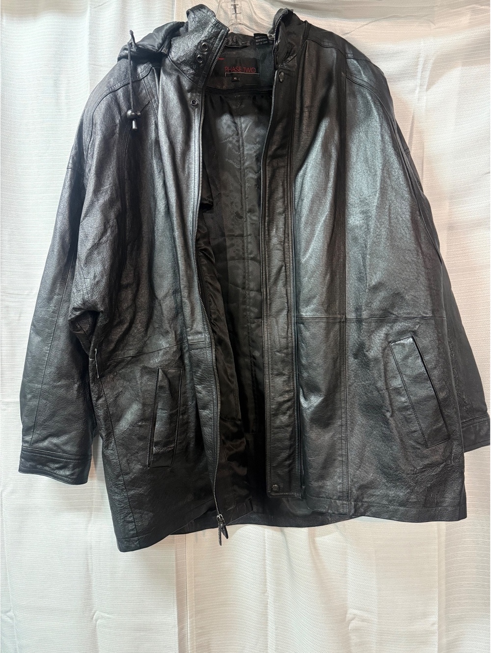 Phase Two Men's Black Leather Jacket with Hood Size XL